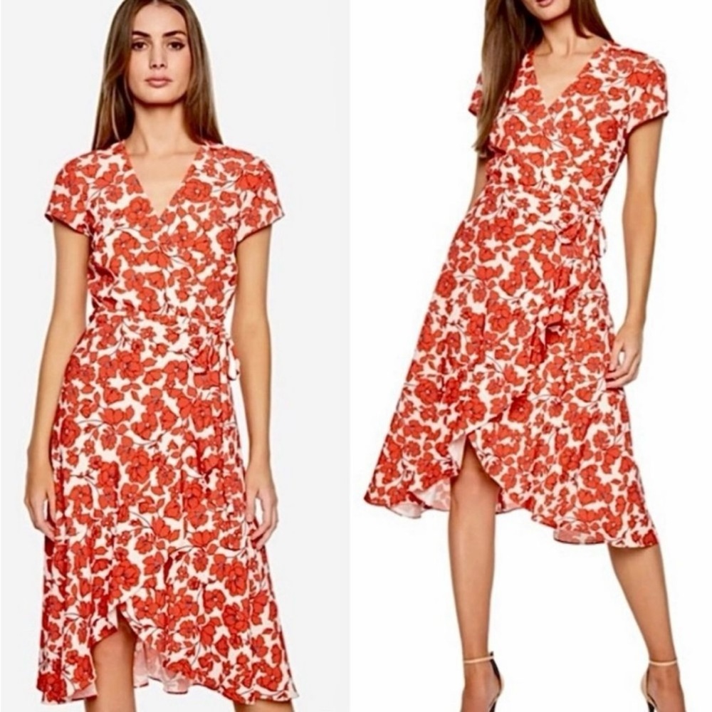 Bardot Fiesta Red Floral Faux Wrap Midi Dress Size 10 - Picture 1 of 15